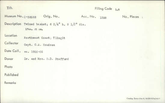 Documentation associated with Hearst Museum object titled Basket, accession number 2-36588, described as Twined.