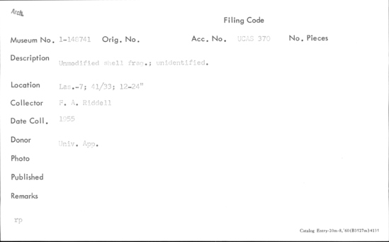 Documentation associated with Hearst Museum object titled Shell fragment, accession number 1-148741, described as Unmodified, unidentified.