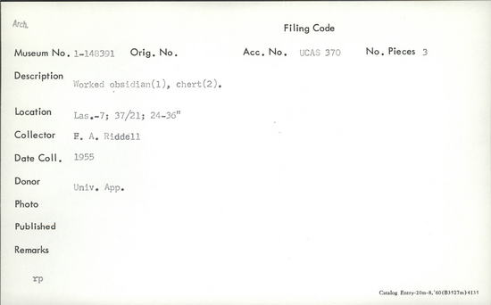 Documentation associated with Hearst Museum object titled Lithic, accession number 1-148391, described as Worked obsidian (1), chert (2).