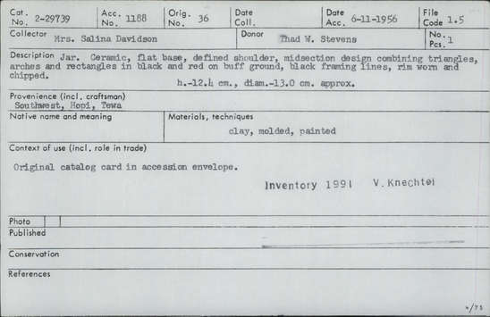 Documentation associated with Hearst Museum object titled Jar, accession number 2-29739, described as Ceramic, flat base, defined shoulder, midsection design combining triangles, arches and rectangles in black and red on buff ground, black framing lines, rim worn and chipped. Molded and painted.