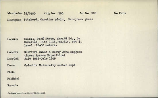 Documentation associated with Hearst Museum object titled Potsherds, accession number 16-7400, described as Potsherds, Camutins plain, Marajoara phase