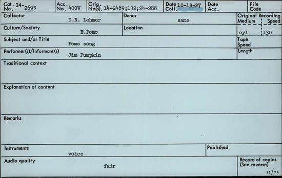 Documentation associated with Hearst Museum object titled Audio recording, accession number 24-2695, described as Pomo Song