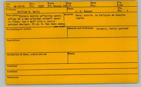 Documentation associated with Hearst Museum object titled Bottle, accession number 16-12115, described as Pottery bottle with flaring spout; effigy of a man with a turban with small spout in front; red and buff slip and resist painted designs; height: 19 cm. Has been waxed. See over.