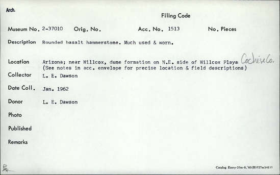 Documentation associated with Hearst Museum object titled Hammerstone, accession number 2-37010, described as Rounded basalt hammerstone; much used and worn