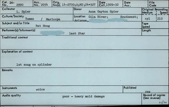 Documentation associated with Hearst Museum object titled Audio recording, accession number 24-2990, described as Rat Song. First song from the cylinder 14-2700.