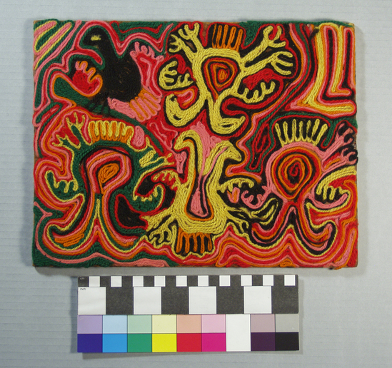 Hearst Museum object titled Yarn painting, accession number 3-29154, described as Yarn painting.  Multicolored wool yarn applied to plywood tablet which has been coated with wax; double-headed bird design.  23.0 cm x 30.0 cm