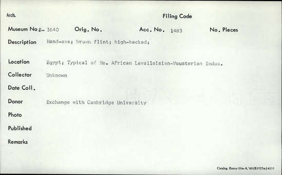 Documentation associated with Hearst Museum object titled Handaxe, accession number 5-1640, described as Hand-axe; brown flint; high-backed