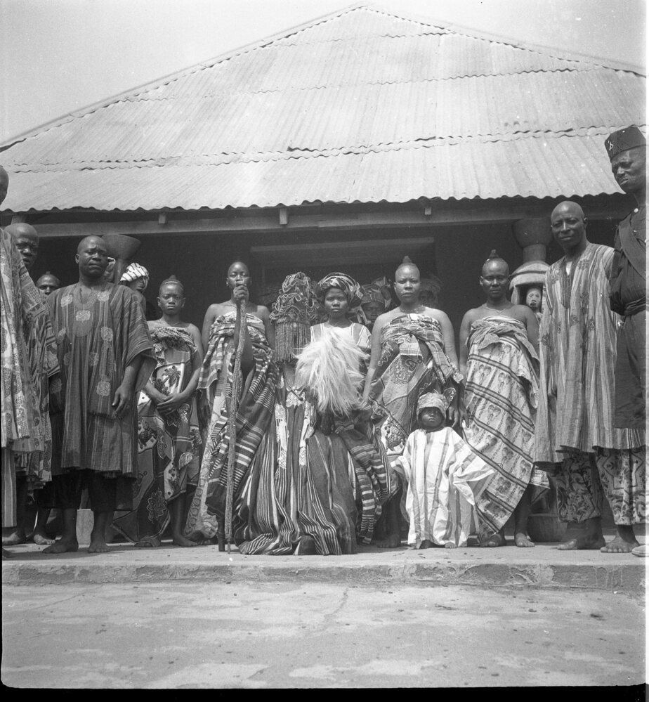 Hearst Museum object titled Black-and-white negative, accession number 15-31778, described as Black-and-white negative, Nigeria, Oyo, Alafin with wives, heir, and court, 1951