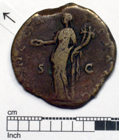 Hearst Museum object 7 of 9 titled Coin: æ sestertius, accession number 8-6478, described as Coin: Sestertius; Æ; Faustina (Faustina I, wife of Antoninus Pius) Ru. Concordia C.154, Varient. - 13.2 gm. Broken flan.