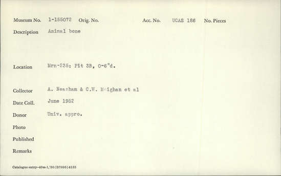 Documentation associated with Hearst Museum object titled Faunal remains, accession number 1-155072, described as Animal bone and crab claw fragments.