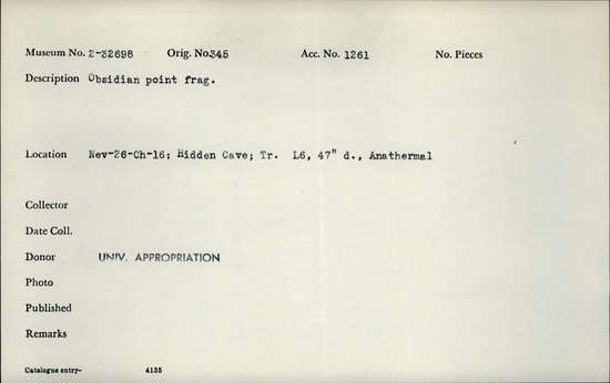 Documentation associated with Hearst Museum object titled Stone point, accession number 2-32698, described as Obsidian point fragment.