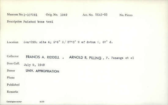 Documentation associated with Hearst Museum object titled Worked bone, accession number 1-107281, described as Pointed bone
