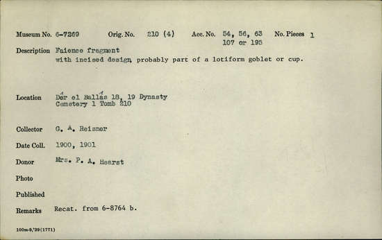 Documentation associated with Hearst Museum object titled Tile fragment, accession number 6-7269, described as Curved fragment from a vessel or tile, black line decoration.