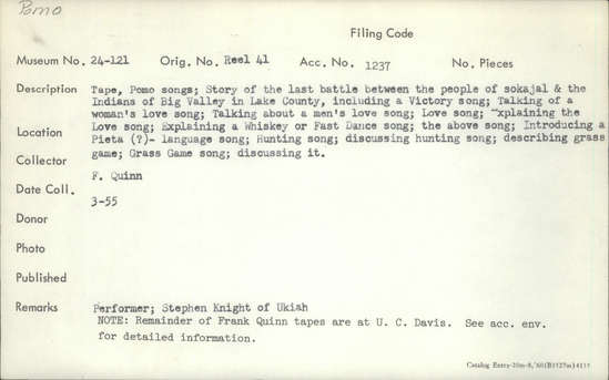 Documentation associated with Hearst Museum object titled Audio recording, accession number 24-121.NC#7.A.6, described as Explanation of Whiskey Dance (also called Crazy Dance) below.