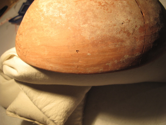 Hearst Museum object 56 of 66 titled Broken bowl, accession number 6-5728, described as Pottery: smooth pinkish bowl, broken burnished lines inside and out.  Diameter 20cm, height 6cm.