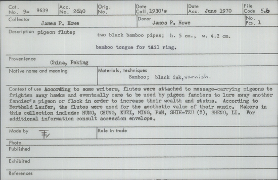 Documentation associated with Hearst Museum object titled Pigeon flute, accession number 9-9639, described as pigeon flute; 2 black bamboo pipes; ht. 5 cm., w. 4.2 cm. bamboo tongue for tail ring.