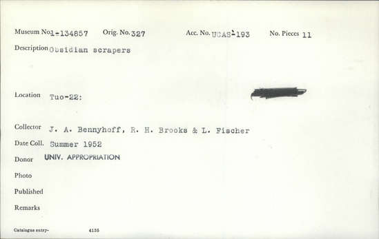 Documentation associated with Hearst Museum object titled Scrapers, accession number 1-134857, described as Obsidian scrapers