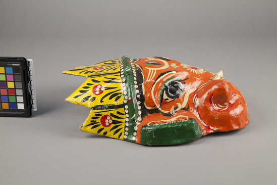 Hearst Museum object 1 of 3 titled Mask, accession number 9-11131, described as drama mask; painted papier mache; 37 cm length, 29 cm  width