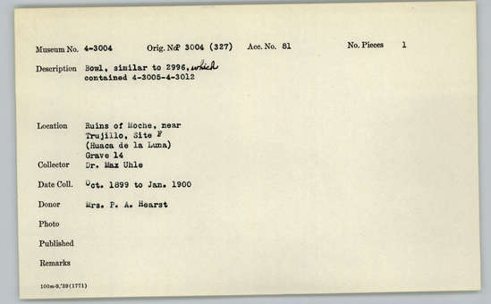 Documentation associated with Hearst Museum object titled Bowl, accession number 4-3004, described as Bowl, similar to 2996, which contained 4-3005-4-3012