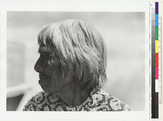 Hearst Museum object titled Black-and-white negative, accession number 15-6191, described as Wiunu, about 95 years old, informant for geneologies and ethnography, profile