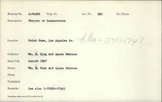Documentation associated with Hearst Museum object titled Chopper, accession number 1-74036, described as Or hammerstone. See also 1-72836-72841