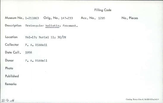 Documentation associated with Hearst Museum object titled Shell fragment, accession number 1-211863, described as Triangular haliotis.