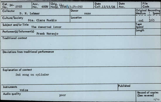 Documentation associated with Hearst Museum object titled Audio recording, accession number 24-2768, described as The Deserted Lover