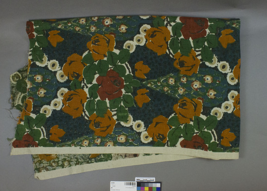 Hearst Museum object titled Textile, accession number 2-62599, described as Strip; linen, plain weave, printed, blue green ground, varicolored designs, floral motives