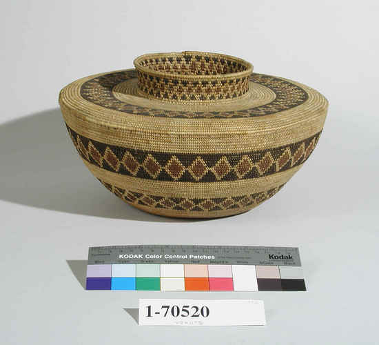 Hearst Museum object titled Basket, accession number 1-70520, described as Coiled, bottle neck. Quail crests on shoulders.  Materials: grass coil, cladium sewing, design in black and redbud.