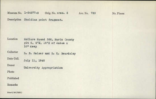 Documentation associated with Hearst Museum object titled Point, accession number 1-54578, described as Obsidian point fragment.