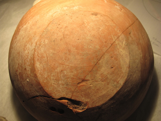 Hearst Museum object 33 of 66 titled Broken bowl, accession number 6-5728, described as Pottery: smooth pinkish bowl, broken burnished lines inside and out.  Diameter 20cm, height 6cm.