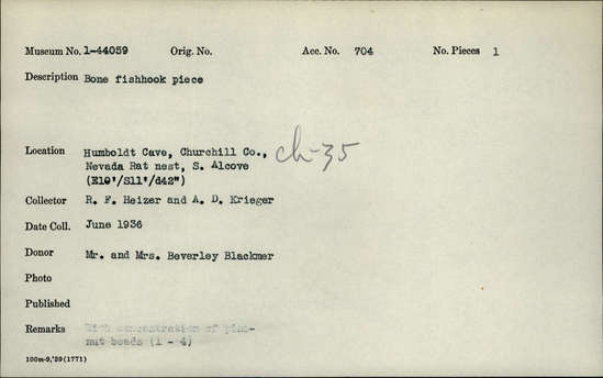 Documentation associated with Hearst Museum object titled Fishhook, accession number 1-44059, described as Bone fishhook piece