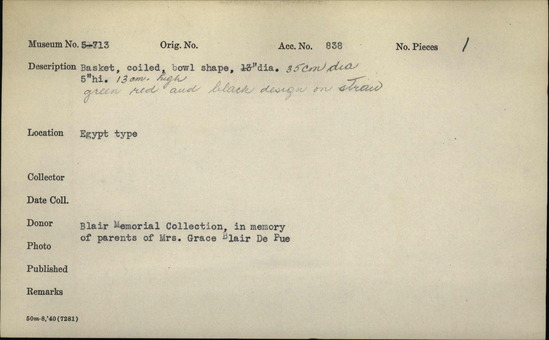 Documentation associated with Hearst Museum object titled Basket, accession number 5-713, described as Basket, coiled, bowl shape; green red and black dragon on straw; 35 cm diameter 13 cm height.