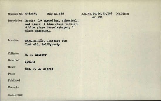 Documentation associated with Hearst Museum object titled Beads, accession number 6-13474, described as Beads: 19 carnelian, spherical (ball) and discs; 1 blue glaze tubular; 6 blue glaze barrel-shaped; 1 black spherical (ball).