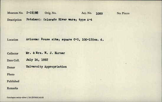 Documentation associated with Hearst Museum object titled Flake, accession number 2-23190, described as Colorado River ware; type A-4