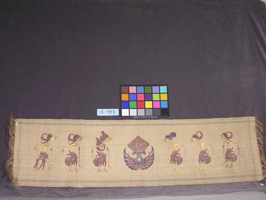 Hearst Museum object titled Mat, accession number 18-998, described as Mat with painted “wayang” figures; six painted “wayang” figures; garuda in center; raffia in plainweave. Height 39 cm. Width 1.44 m. not including fringe.