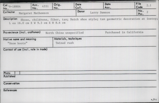 Documentation associated with Hearst Museum object titled Shoes, accession number 9-18904a,b, described as Shoes, children's, fiber, tan; Dutch shoe style; tan geometric decoration at instep; L ea 16.0 cm x W 9.3 cm x H 8.6 cm