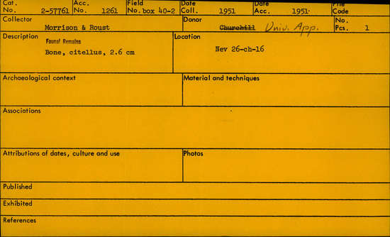 Documentation associated with Hearst Museum object titled Vial of faunal bones, accession number 2-57761, described as Faunal remains; bone, citellus.