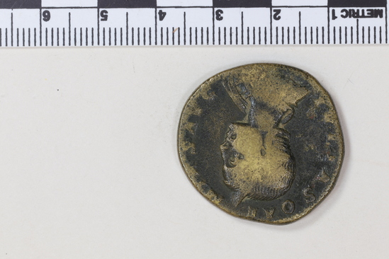 Hearst Museum object 5 of 8 titled Coin: æ, accession number 8-6266, described as Coin: AE; JULIA.SOAEMIAS - 19.92 grms. Obverse: IVLIA SOAE MIAS AVG - bust facing right, draped, diademed. Reverse: VEN[VS CAELESTIS], SC in ex - Venus (Greek: Aphrodite) seated l. holding apple & Sceptre: child at her feet