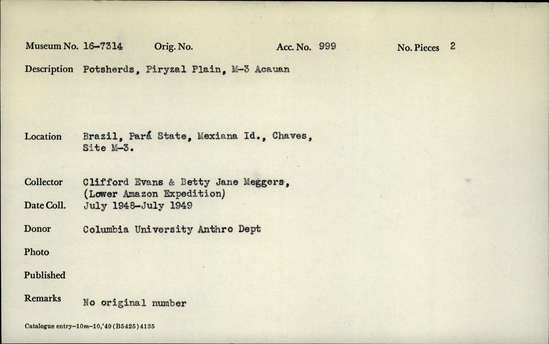 Documentation associated with Hearst Museum object titled Potsherds, accession number 16-7314, described as Potsherds; Piryzal Plain