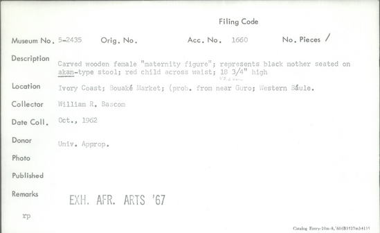 Documentation associated with Hearst Museum object titled Figure, accession number 5-2435, described as Carved, wooden, female, "Soul-mate;" 3 beads attached to cord around waist AKAN-type stool. Red child across waist. H = 18.75”