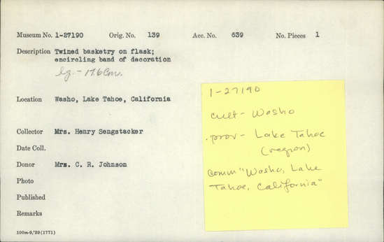 Documentation associated with Hearst Museum object titled Flask, accession number 1-27190, described as Twined basketry on flask, encircling band of decoration.