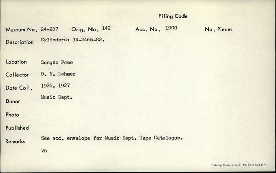 Documentation associated with Hearst Museum object titled Audio recording, accession number 24-287, described as Songs: Pomo. See acc. envelope for music dept. tape catalogue. Cylinders: 14-2466-82.