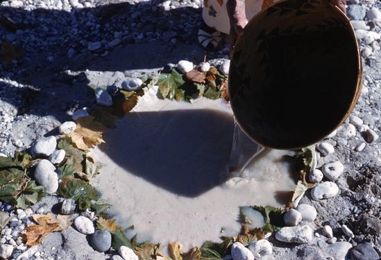 Hearst Museum object titled Color slide, accession number 25-5049, described as Buckeye processing; pouring water into leaching pit.