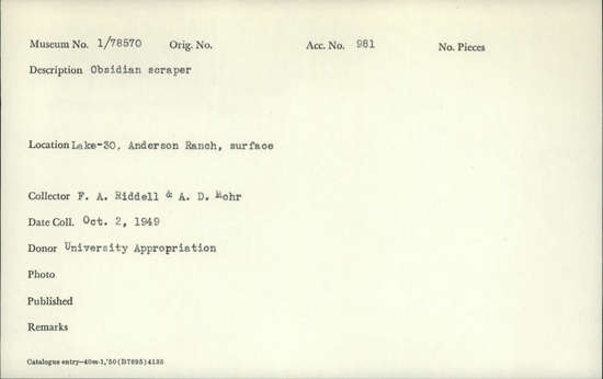Documentation associated with Hearst Museum object titled Scraper, accession number 1-78570, described as Obsidian.