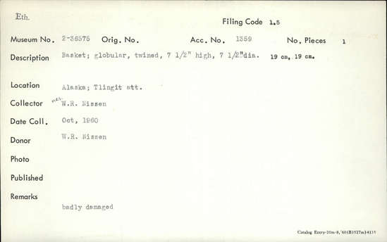 Documentation associated with Hearst Museum object titled Basket, accession number 2-36575, described as Globular, twined. Badly damaged.