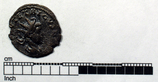 Hearst Museum object titled Coin: æ, accession number 8-9227, described as Coin; Æ; Roman. Tetricus II. Obverse: Bust facing right, diademed. Reverse: Sacrificial implements: sprinkler, simpulum, fluted jug with handle right and lituus.