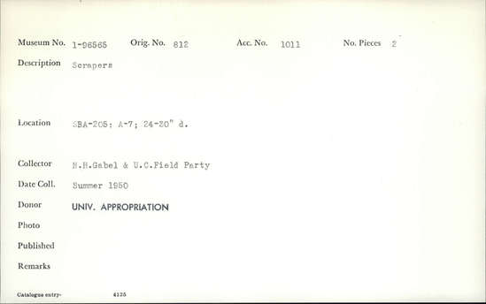 Documentation associated with Hearst Museum object titled Scrapers, accession number 1-96565, described as Scrapers.