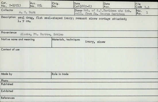 Documentation associated with Hearst Museum object titled Seal drag, accession number 2-19213, described as Flat, seal shaped ivory. Remnant sinew cordage attached.