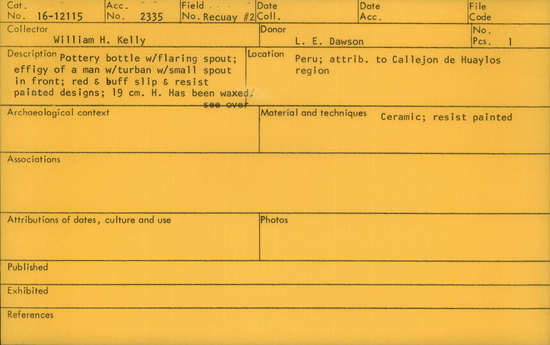 Documentation associated with Hearst Museum object titled Bottle, accession number 16-12115, described as Pottery bottle with flaring spout; effigy of a man with a turban with small spout in front; red and buff slip and resist painted designs; height: 19 cm. Has been waxed. See over.
